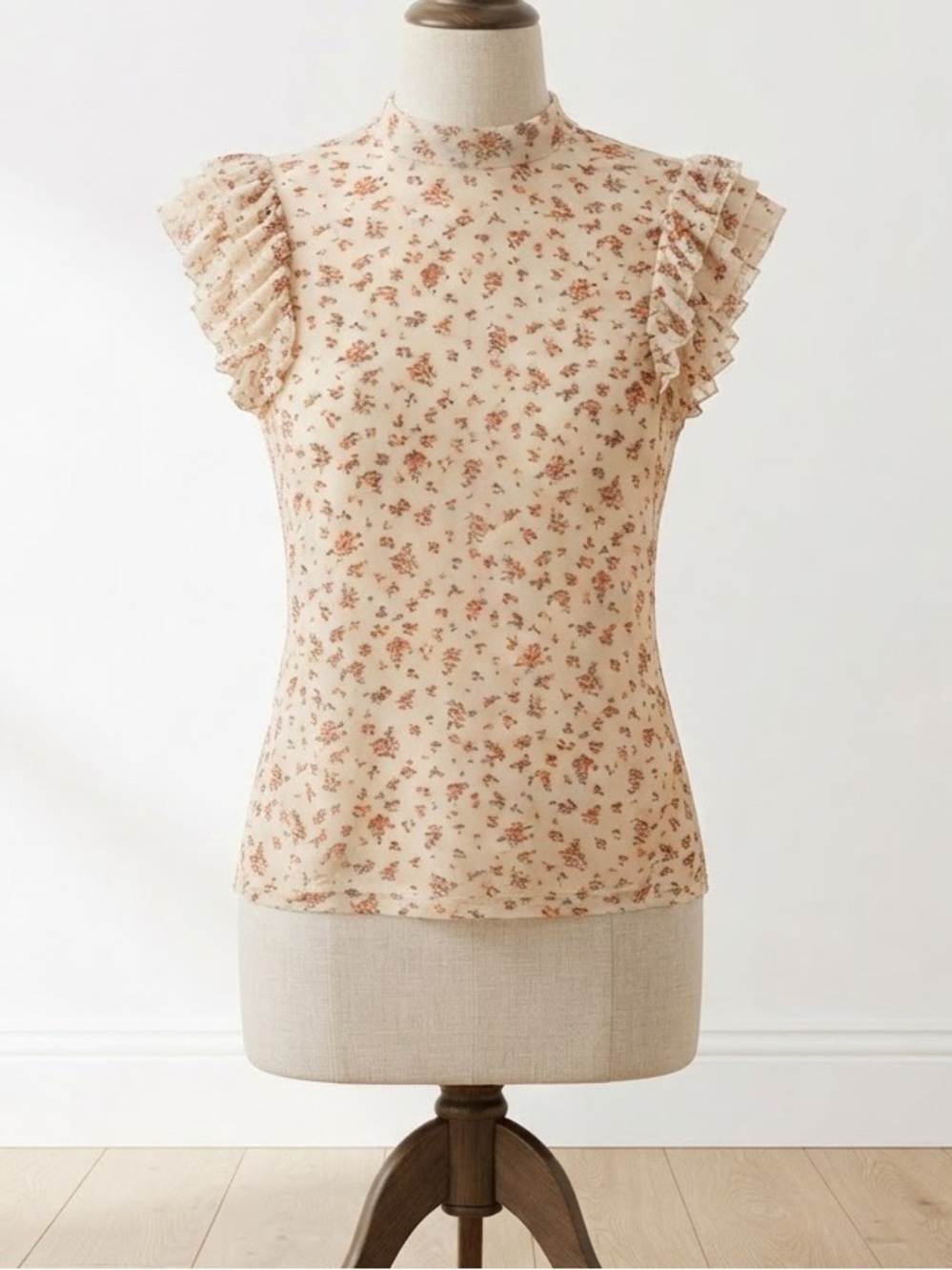 Forgotten Grace| Floral Ruffle Sleeve Mesh Mock Neck Beige Floral Blouse Sz XL